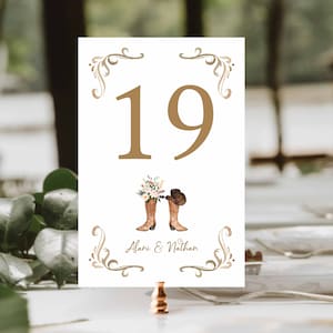 May include: A white table number card with the number 19 in gold. The card features a watercolor illustration of cowboy boots and a hat, with floral accents. The names "Alani & Nathan" are printed below the illustration. Decorative gold flourishes frame the top and bottom.