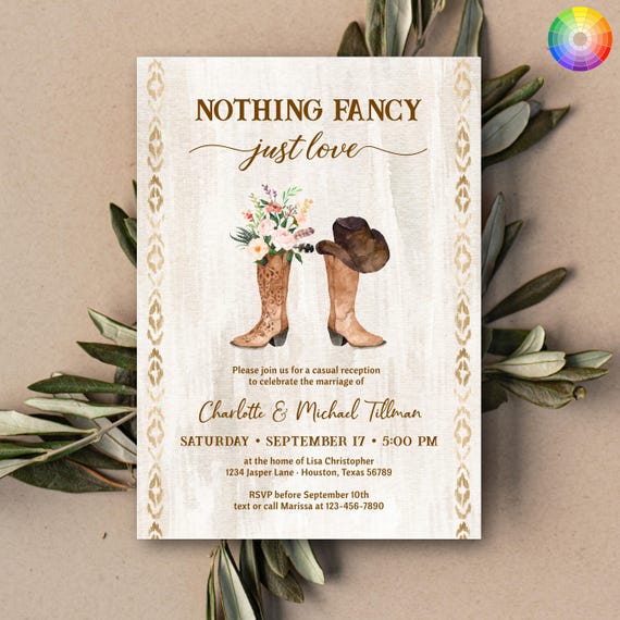 Nothing Fancy Just Love Cowboy Boots Wedding Reception Only Invitation, Rustic Elope Vow Renewal Western Country Barn Invite TEMPLATE 570