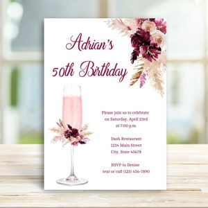 Boho Birthday Invitation for women, Champagne Brunch, floral Pampas grass flower bouquet, 21st 30th 40th 50th 60th Birthday TEMPLATE 283