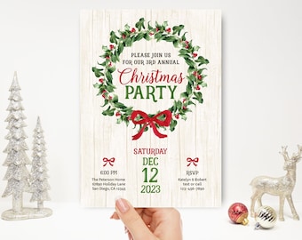 Classic Wreath Christmas Party Invitation, Holiday Party Invite, open house, rustic, country, annual parties, red green DIGITAL TEMPLATE 290