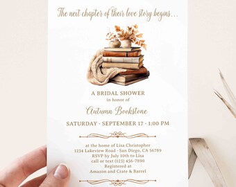 Fall Book Themed Bridal Shower Invitation, Cozy Autumn Next Chapter Love Story Invites, Once Upon a Time Shower fairytale books TEMPLATE 394