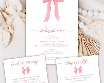 Pink Bow Simple Minimalist Baby Shower Invitation card, watercolor blush pink bow bundle set Coed Shower, baby girl EDITABLE TEMPLATE 356