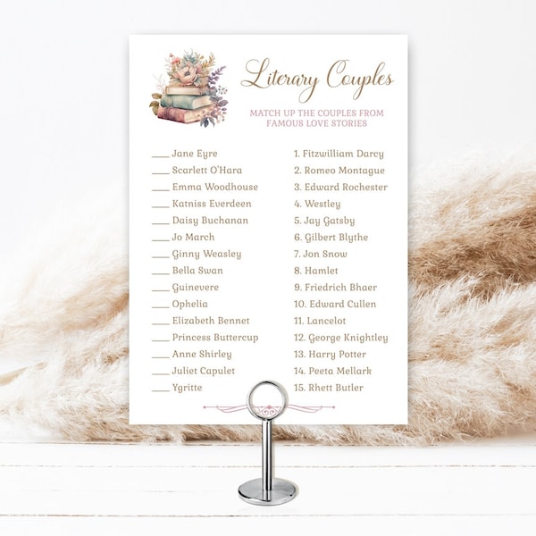 Literary Couples Book theme bridal shower game, fun unique game, pastel colors | TEMPLATE 231