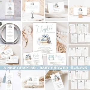 A New Chapter Will Soon Begin Book Baby Shower Bundle Set, Invitation card, Library Storybook theme invite, dusty blue bow boy TEMPLATE 375