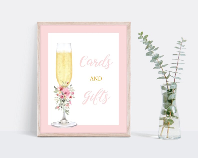 Cards and Gifts Sign, 8x10, champagne glass, pink florals, matches Petals and Prosecco invitation, DOWNLOAD EDITABLE TEMPLATE 138 image 1