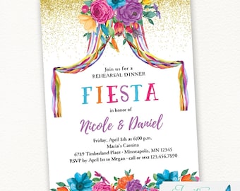 Fiesta Mexican Theme Rehearsal Dinner Invitation with colorful flowers, invite  | Printable or Printed