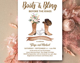 May include: A wedding shower invitation with the text "Boots & Bling Before the Rings." The design features watercolor illustrations of cowboy boots, a cowboy hat, and wedding rings. The invitation includes event details and RSVP information.