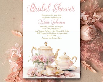 May include: Bridal shower invitation with a watercolor illustration of a teapot, teacups, and pink roses. The invitation text reads "Bridal Shower", "Please join us for a sip of tea to celebrate the bride-to-be", "Trista Johnson", "Saturday, June 8th at 2:00 p.m.", "TEA GARDEN ROOM", "1234 Teatime Parkway - San Diego, CA 56789", "RSVP by 6/1 to Marion at 123-456-7890", "REGISTRY", "Amazon and Pottery Barn".