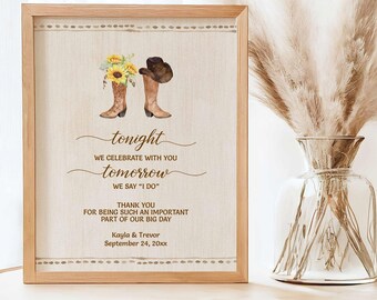 SUNFLOWER Cowboy Boots Wedding Sign 8X10 Template, Rehearsal Dinner Welcome, Rustic Western Floral | 176 T
