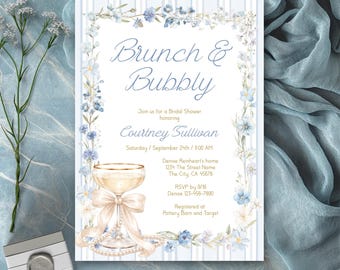 Dusty Blue Brunch and Bubbly Bridal Shower Invitation, Champagne Brunch Invite, Elegant Blue Floral TEMPLATE 621