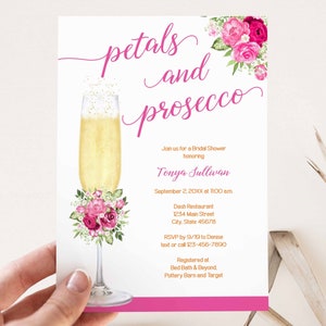 Petals and Prosecco Bridal Shower Invitation, Champagne Bridal Shower theme, Wedding Shower hot pink magenta floral EDITABLE TEMPLATE | 198