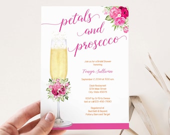 Petals and Prosecco Bridal Shower Invitation, Champagne Bridal Shower theme, Wedding Shower hot pink magenta floral EDITABLE TEMPLATE | 198