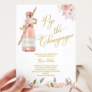 Pink Pop the Champagne Bridal Shower Invitation, brunch and bubbly Invite, Champagne Themed, blush pink floral, rose gold | TEMPLATE 237