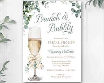 Greenery Brunch Bubbly Bridal Shower Invitation, Elegant Eucalyptus Champagne Invite, Editable Printable Corjl Download TEMPLATE 626