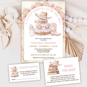 A Little Cowgirl Baby Shower Invitation Card Bundle, Boho Wild West Rodeo Shower Invite, Pink Floral Cowboy Boots Shower Invite TEMPLATE 493