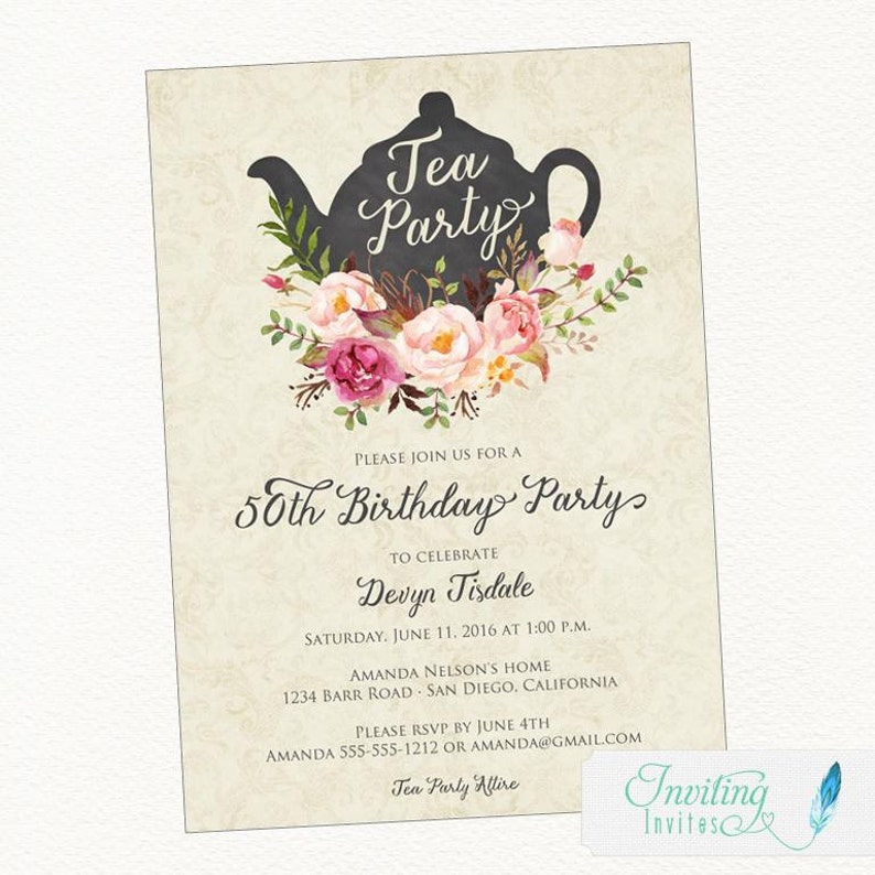 Birthday Party Invitation Tea Party Invitation, Watercolor, Flower, Shabby Chic Printable Invitation 30th, 40th, 50th, 60th, 70th, 80th image 1