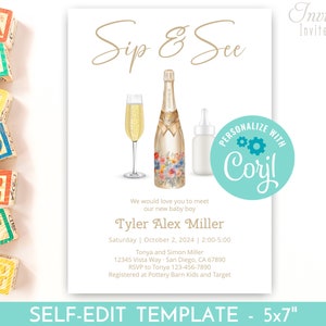 May include: A baby shower invitation with a light blue background and a gold and white floral design. The invitation says "Sip & See" and includes the name "Tyler Alex Miller" and the date "Saturday | October 2, 2024 | 2:00-5:00".