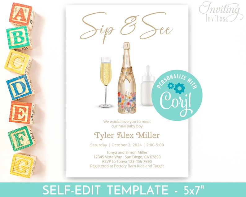 May include: A baby shower invitation with a light blue background and a gold and white floral design. The invitation says "Sip & See" and includes the name "Tyler Alex Miller" and the date "Saturday | October 2, 2024 | 2:00-5:00".