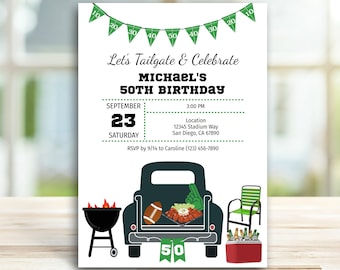 May include: A 50th birthday invitation card featuring green football-themed pennant banners, a dark truck illustration with a football, food, and a foam finger in the bed, a grill, a green chair, and a red cooler, with text detailing the event.