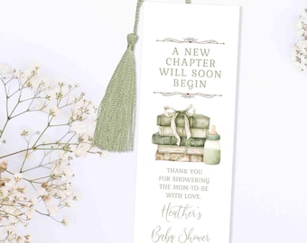 Sage Green Book Themed Baby Shower Favor Bookmark TEMPLATE, A New Chapter Will Soon Begin Book Baby Shower, Library Storybook theme | 431