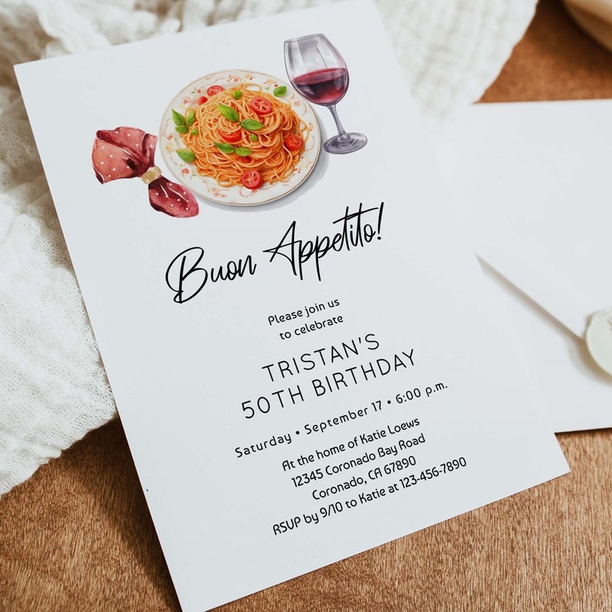 Italian Invite Italian Theme Birthday Party Invitation, Buon Appetito, Italy, Pasta ...