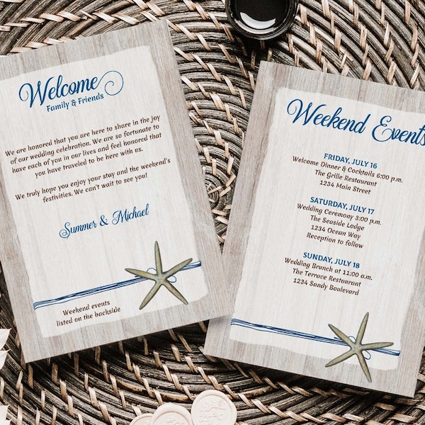 Starfish Welcome and Wedding Events Card Template, Wedding Welcome Bag Note, Wedding Timeline, Wedding Schedule, Beach Wedding TEMPLATE 204