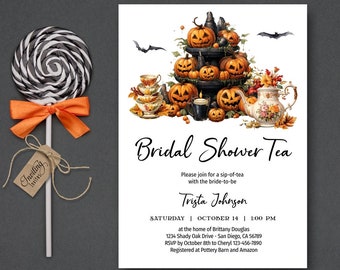 Halloween Tea Party Bridal Shower Invitation, Pumpkin Fall Autumn Bridal Shower Invite, Spooky Wedding Shower Invite | DIGITAL TEMPLATE 362