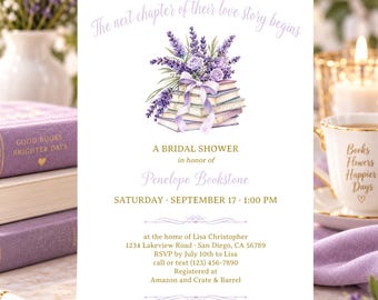 Lavender Book Theme Bridal Shower Invitation Template, Editable Corjl Invite (DIGITAL or PRINTED 639)