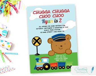 Train Birthday Invitation for boy or girl, Bear Train Party, first, 1st, 2nd, 3rd, 4th birthday invite, Train theme | PRINTABLE or PRINTED