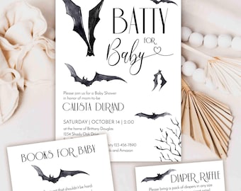 Batty for Baby Shower Invitation Set, Minimalist Hallween Theme Invite Bundle, October Gothic Bats Gender Neutral Shower TEMPLATE 413