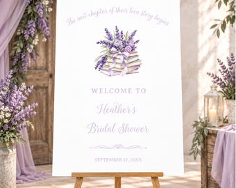 Lavender Book Theme Bridal Shower Welcome Sign, 24x36 Editable Corjl TEMPLATE 640