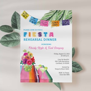 Fiesta Rehearsal Dinner Invitation Template with margaritas and colorful flowers, Papel Picado Mexican Theme Invite | Printable Download 206