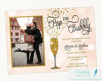 Pop the Bubbly Engagement Party Invitation | Photo engagement party invite | Champagne Theme | Bridal Shower | Bachelorette Party | 118