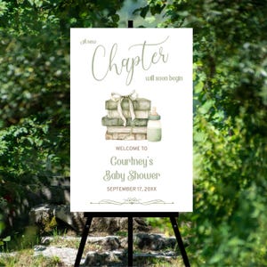 A New Chapter will Soon Begin Book Themed Baby Shower Welcome Sign, Library Storybook theme poster, sage green neutral books TEMPLATE 431