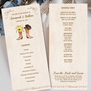 Könnte beinhalten: Hochzeitsprogramm mit rustikalem Design. Das Programm zeigt die Namen "Savannah & Nathan" und das Datum "18. Februar 2024". Das Cover enthält Aquarellillustrationen von Sonnenblumen und Cowboy-Stiefeln. Die Innenseite listet die Hochzeitsgesellschaft und Zeremoniedetails auf.