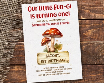 Mushroom Birthday Party Invitation, Woodland First Birthday Invites, Rustic Forest Theme, Fungus Fungi, boy, 1st, 2nd, 3rd |  TEMPLATE 349