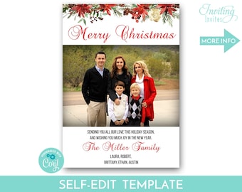 Editable Photo Christmas Card, Red Poinsettia Flowers, Personalized Family Photo