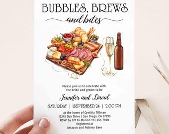 May include: A wedding invitation with the text "BUBBLES, BREWS and bites". The invitation features a watercolor illustration of a charcuterie board, champagne, and a beer bottle. The names "Jennifer and David" are displayed, along with event details.