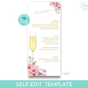 Pink Floral Bridal Shower Menu, Wedding Menu, Champagne Brunch Menu, Petals and Prosecco Bridal Shower PRINTABLE EDITABLE TEMPLATE 138 image 2