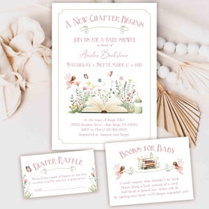 A New Chapter Begins Book Baby Shower Invitation card library storybook fairytale theme invite pastel wildflower books for baby TEMPLATE 499