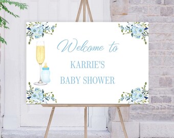 BLUE Baby Shower Welcome Sign for boy baby shower, Champagne Brunch Poppin Bottles Poster, baby bottle, blue floral flowers | TEMPLATE 184