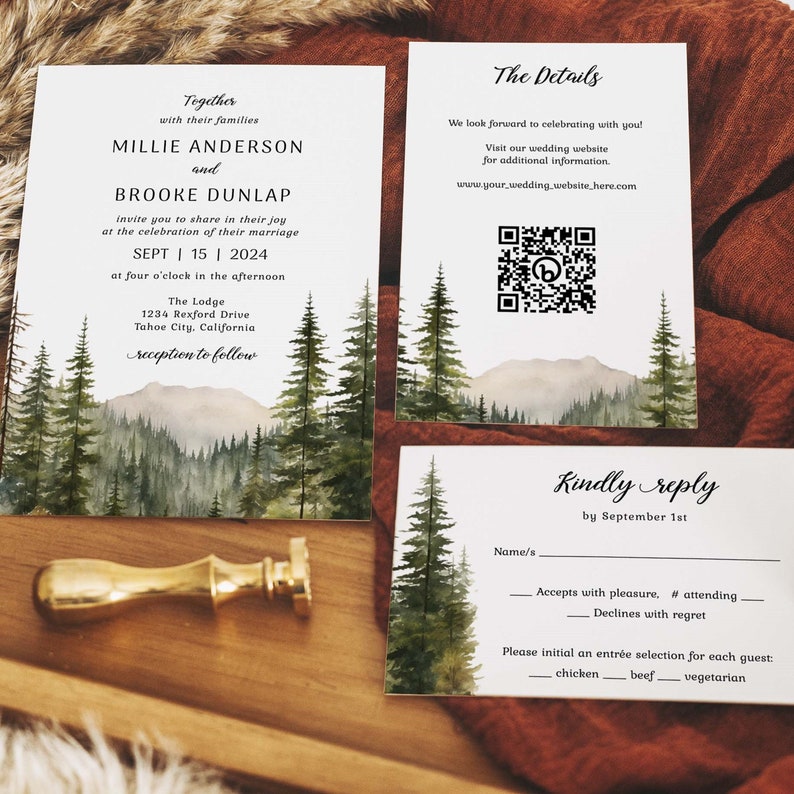 Mountain Wedding Invitation Template Set, Woodland Forest Pine Wedding Invite Suite, Rustic Sage Details Card, Printable RSVP, Download 295 image 1