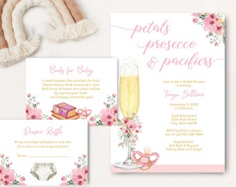 Champagne Pink Baby Shower Invitation, Petals Prosecco Pacifier Invite, brunch baby shower,  girl baby, pink floral flowers  | TEMPLATE 216