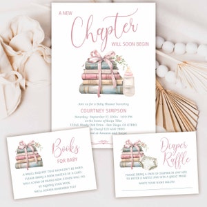 A New Chapter Will Soon Begin Book Baby Shower Invitation card, Library Storybook theme invite, pastel pink bow, books for baby TEMPLATE 363