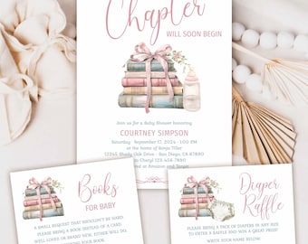 A New Chapter Will Soon Begin Book Baby Shower Invitation card, Library Storybook theme invite, pastel pink bow, books for baby TEMPLATE 363
