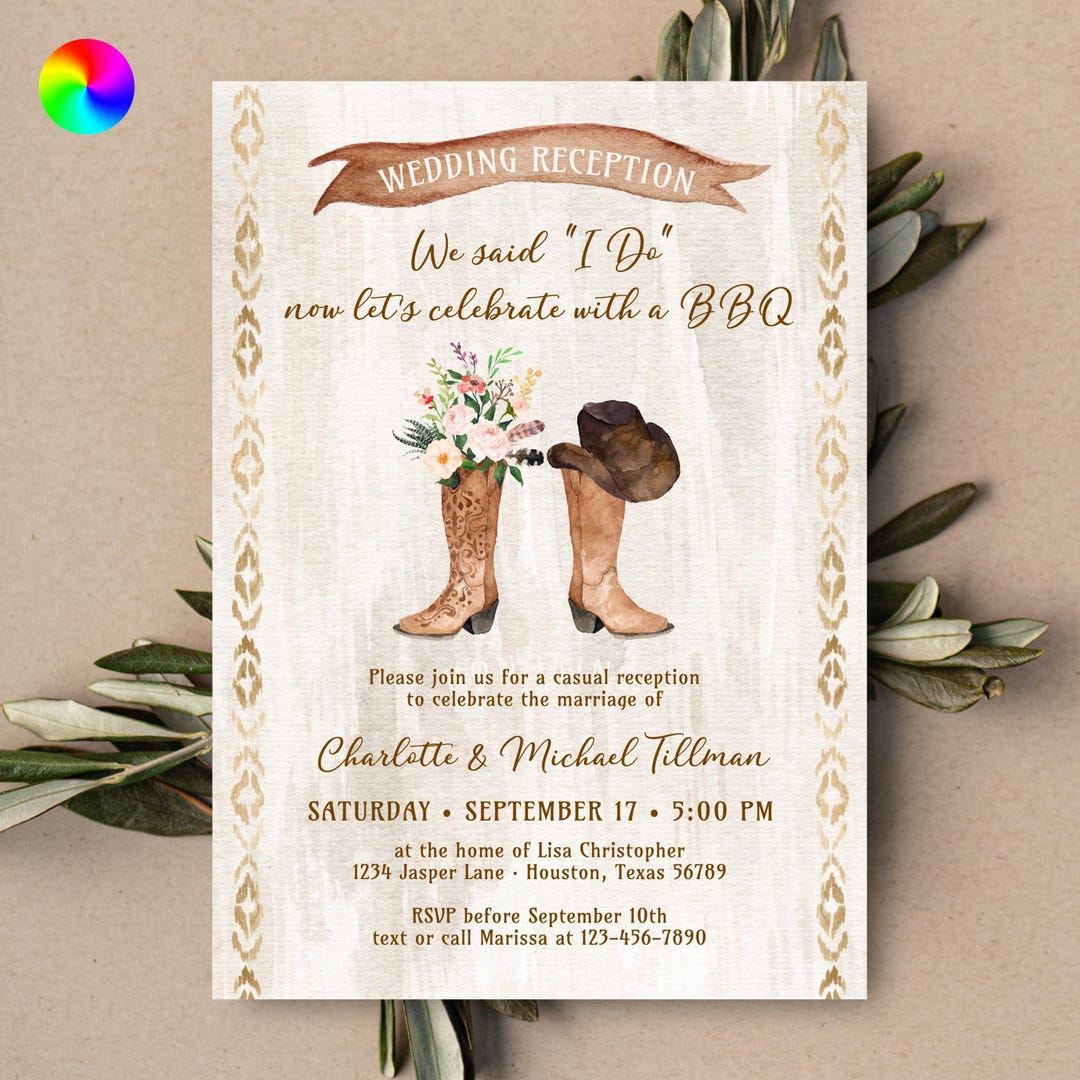 Cowboy Boots Wedding Reception Only Invitation Rustic I Do BBQ