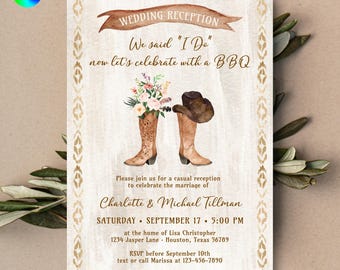 Cowboy Boots Wedding Reception Only Invitation Rustic I Do BBQ Barbeque Elopement Elope Vow Renewal Western Country Barn Invite TEMPLATE 474