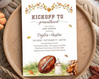 Football Baby Shower Invitation Template, Fall Autumn Leaves Tailgate Touchdown Gender Neutral Invite (DIGITAL or PRINTED 636)