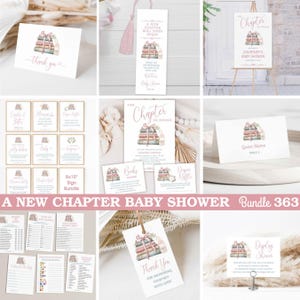 A New Chapter Will Soon Begin Book Baby Shower Bundle Set, Invitation card, Library Storybook theme invite, pastel pink bow TEMPLATE 363
