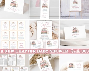 A New Chapter Will Soon Begin Book Baby Shower Bundle Set, Invitation card, Library Storybook theme invite, pastel pink bow TEMPLATE 363